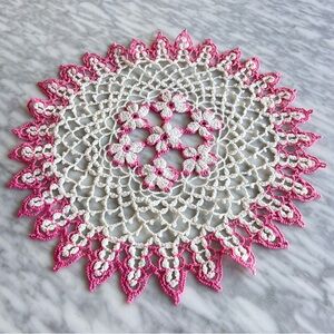 Vintage Crochet Doily Pink and White 13”